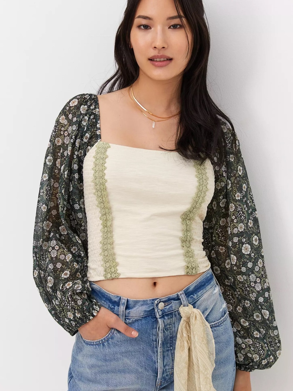 Anthropologie x Forever That Girl Smoked  FloralBalloon-Sleeve Lace Top | Size L - Picture 2 of 16